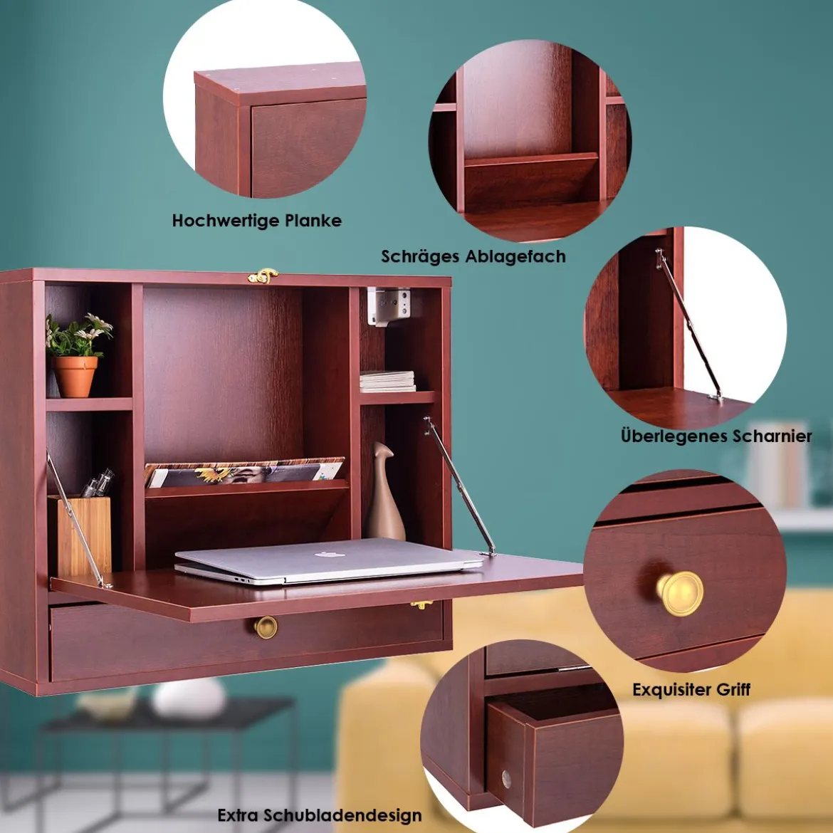 Wandtisch Klapptisch Multifunktionaler Schreibtisch Laptop-Tisch Braun