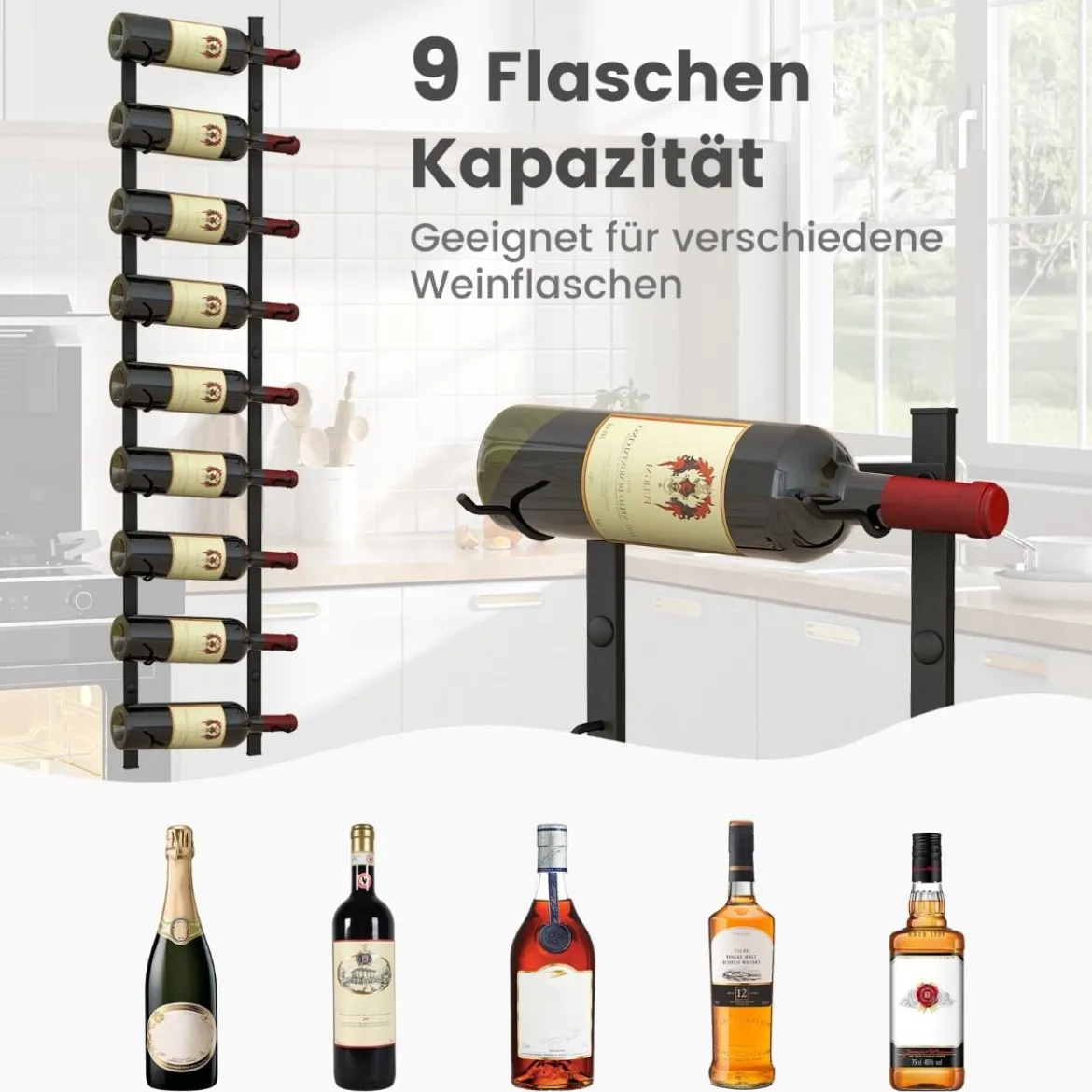 Wand Weinregal für 6/9/12 Weinflaschen Metall Flaschenhalter Industriales Flaschenregal