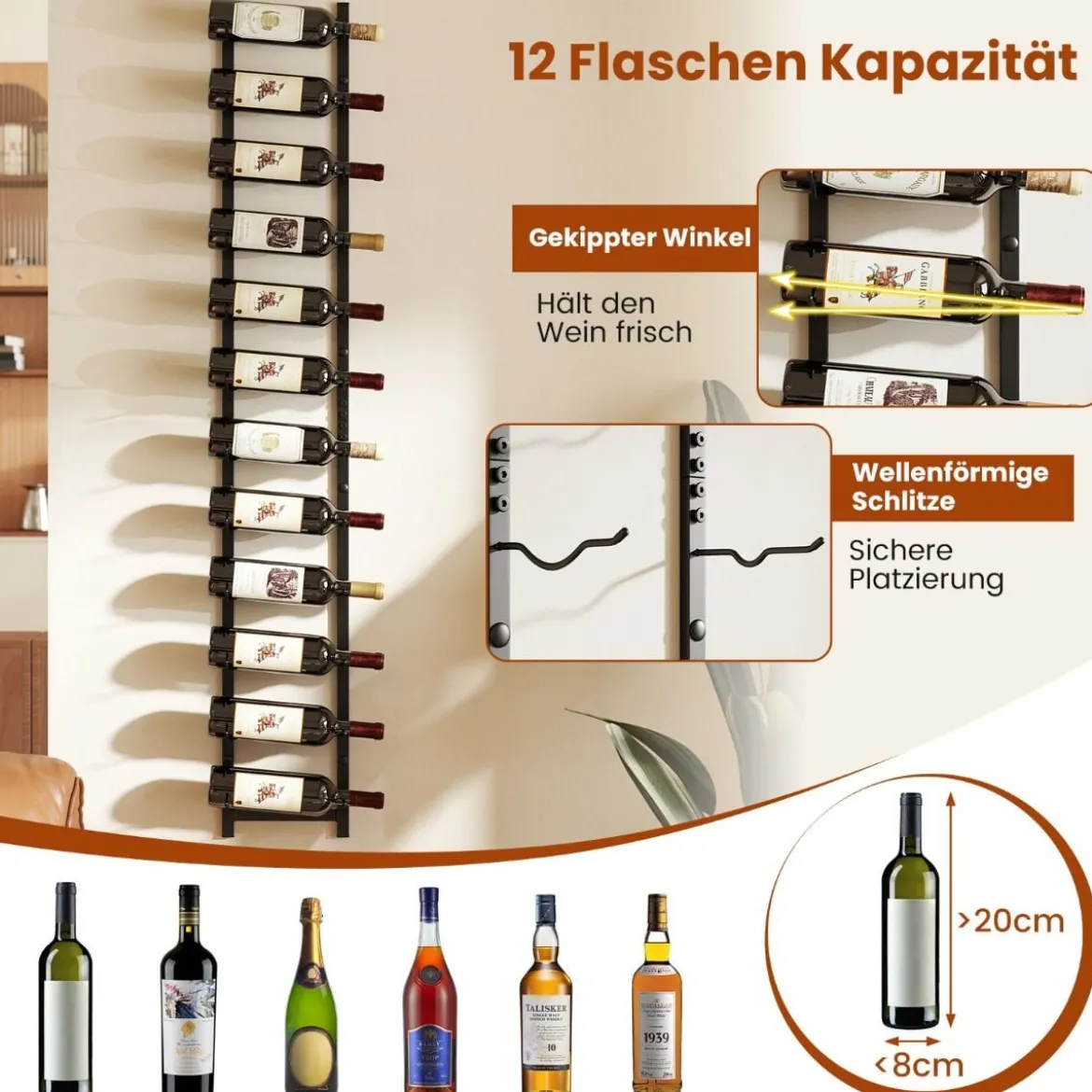 Wand Weinregal für 6/9/12 Weinflaschen Metall Flaschenhalter Industriales Flaschenregal