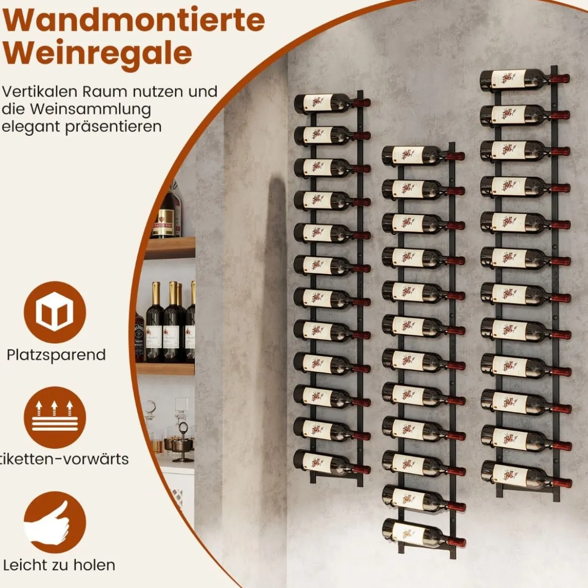 Wand Weinregal für 6/9/12 Weinflaschen Metall Flaschenhalter Industriales Flaschenregal