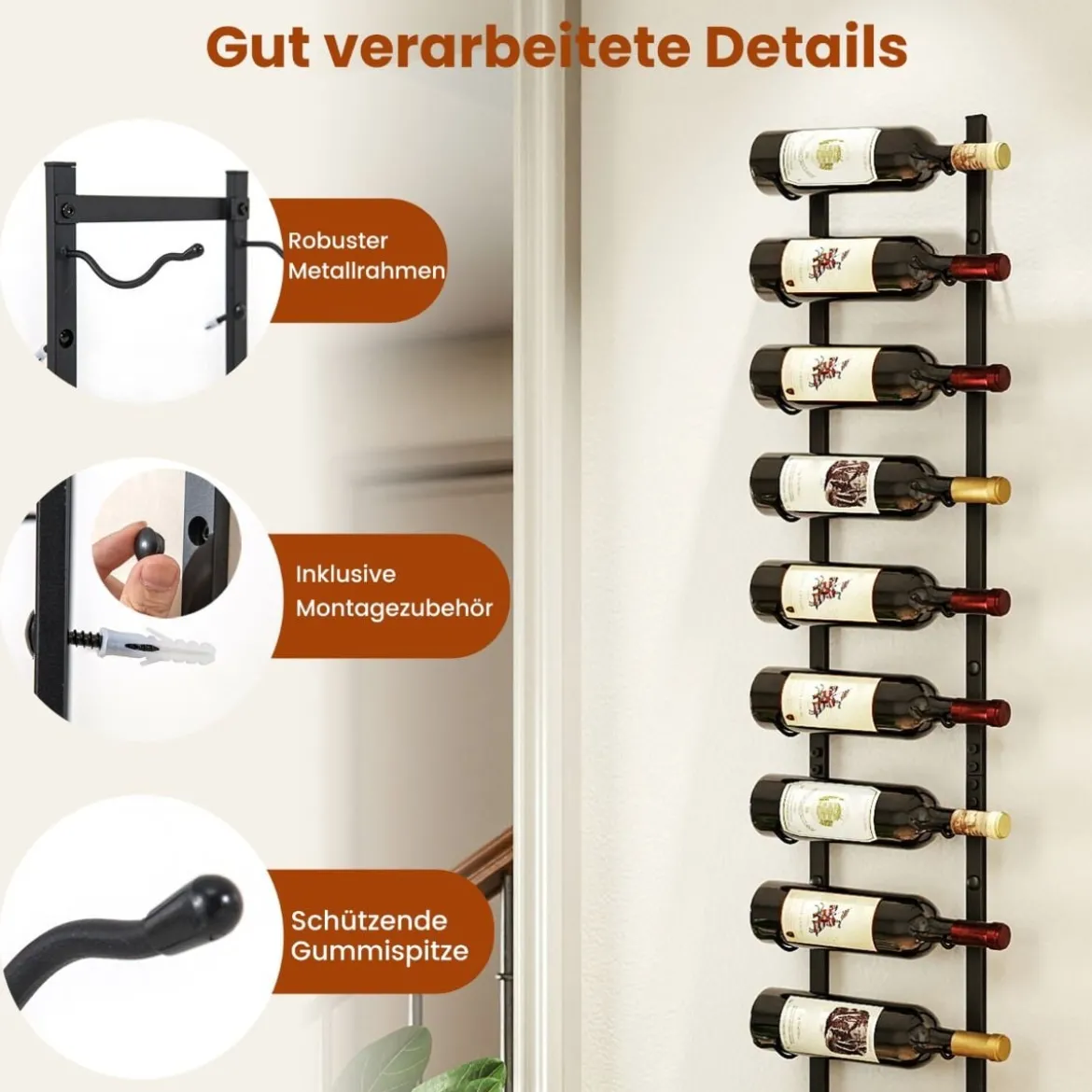 Wand Weinregal für 6/9/12 Weinflaschen Metall Flaschenhalter Industriales Flaschenregal