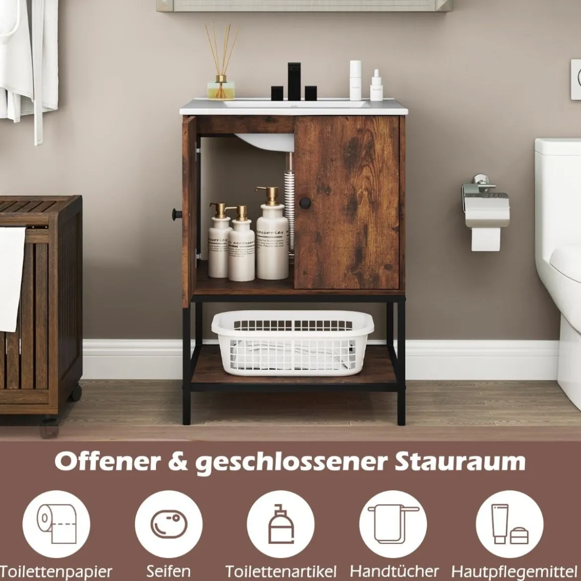 Waschtischunterschrank mit Waschbecken & 2 Türen & Offenem Regal Freistehender Schrank