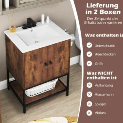 Waschtischunterschrank mit Waschbecken & 2 Türen & Offenem Regal Freistehender Schrank