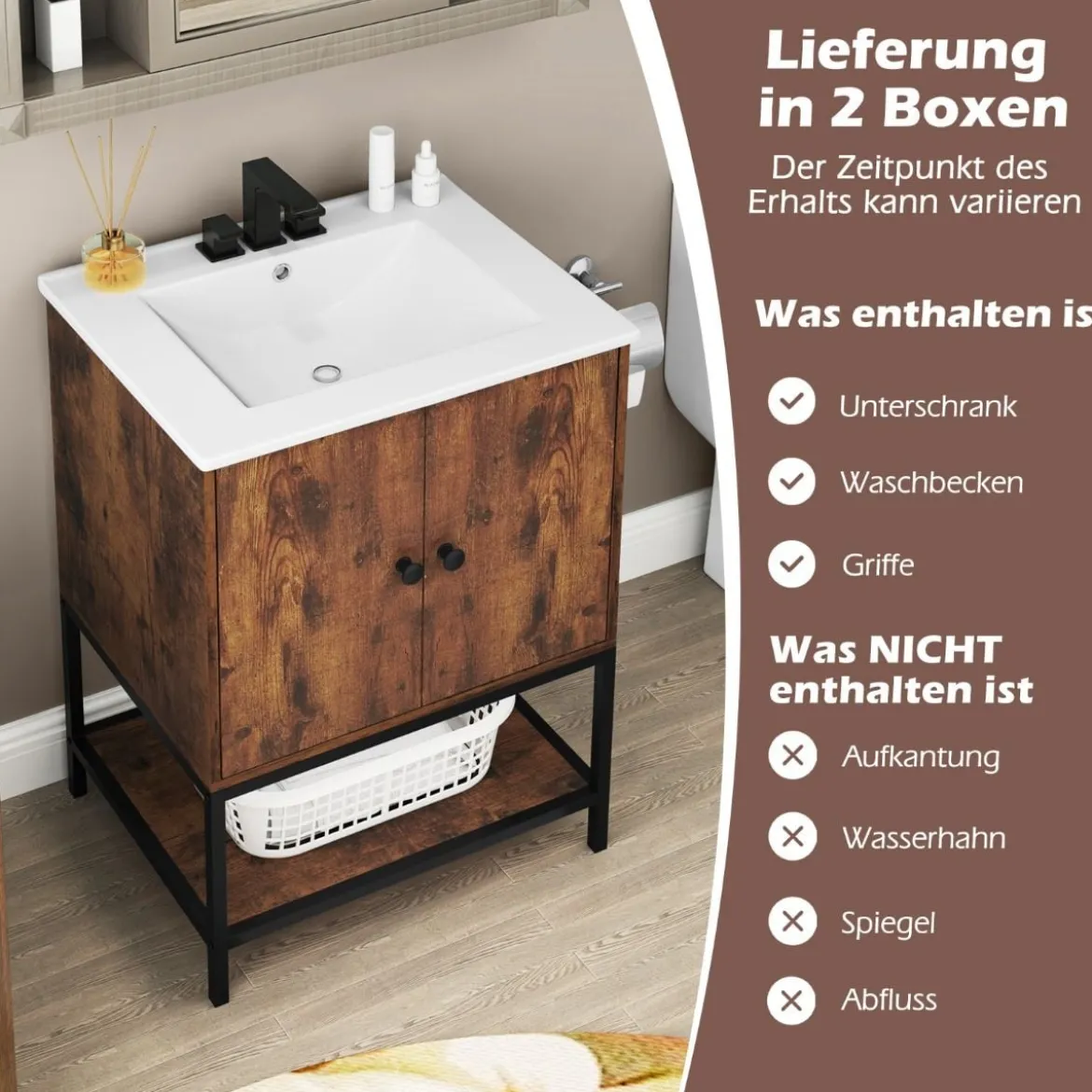 Waschtischunterschrank mit Waschbecken & 2 Türen & Offenem Regal Freistehender Schrank