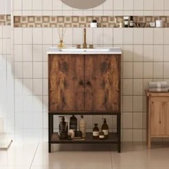 Waschtischunterschrank mit Waschbecken & 2 Türen & Offenem Regal Freistehender Schrank