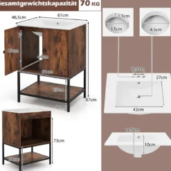 Waschtischunterschrank mit Waschbecken & 2 Türen & Offenem Regal Freistehender Schrank