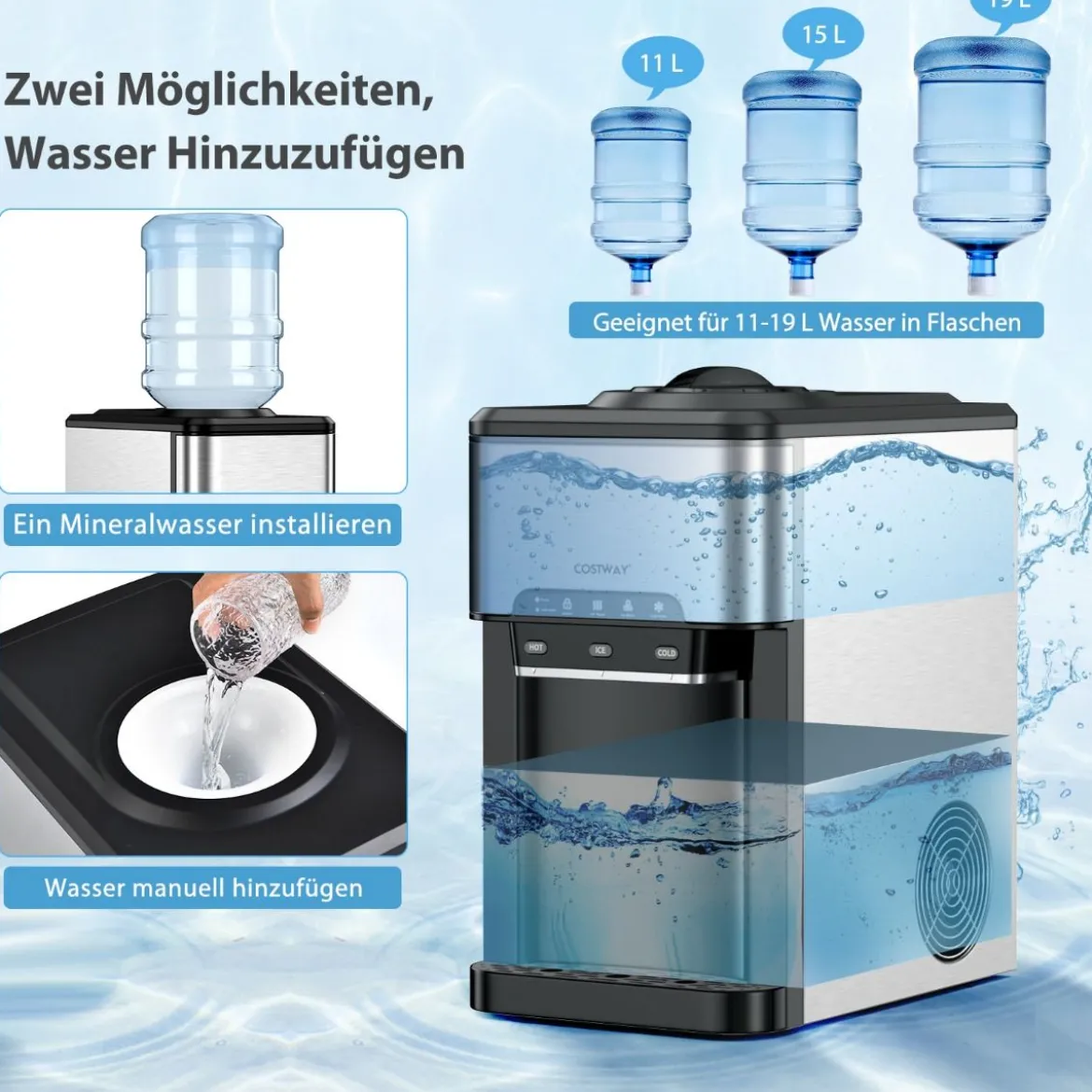 Wasserspender 3-in-1 Arbeitsplatten-Wasserkühler mit 3 Temperatureinstellungen für Heiß / Kalt / Eis Silber