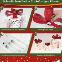 Weihnachtsgeschenkboxen 3er-Set Beleuchtete Geschenkboxen mit Schleifen LED-Lichtern 6H Timer