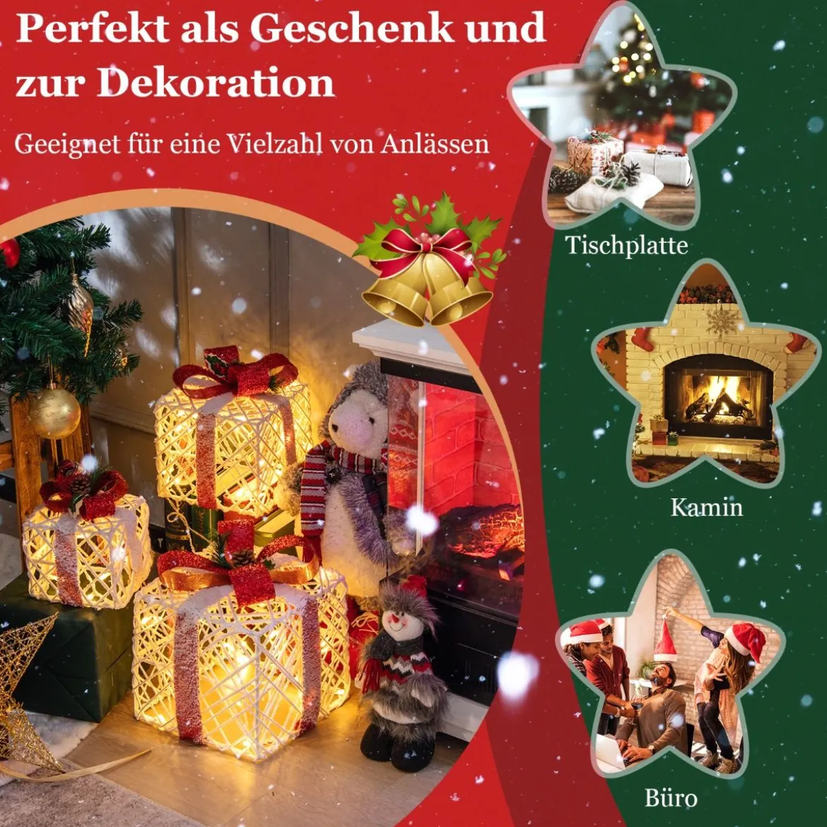 Weihnachtsgeschenkboxen 3er-Set Beleuchtete Geschenkboxen mit Schleifen LED-Lichtern 6H Timer