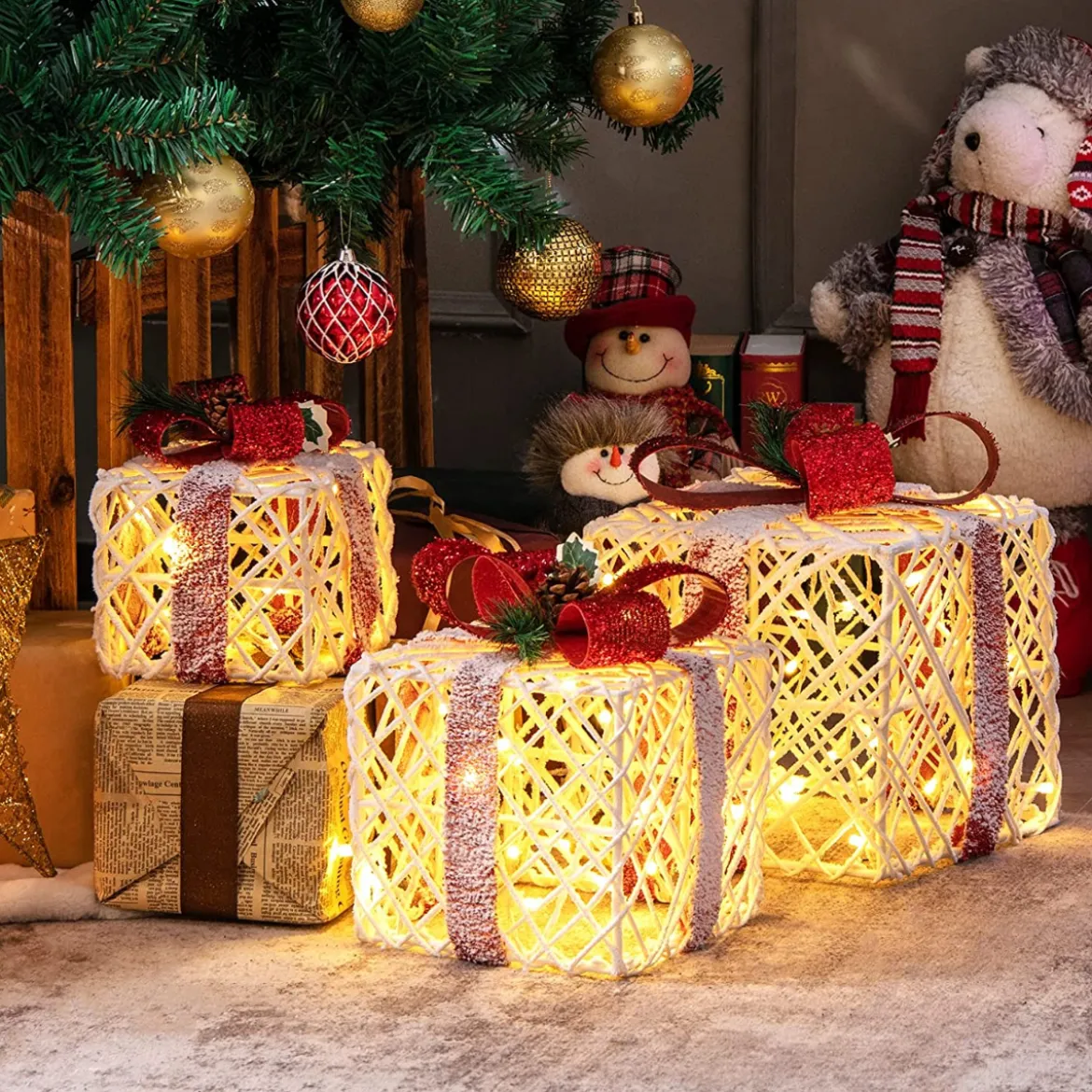 Weihnachtsgeschenkboxen 3er-Set Beleuchtete Geschenkboxen mit Schleifen LED-Lichtern 6H Timer