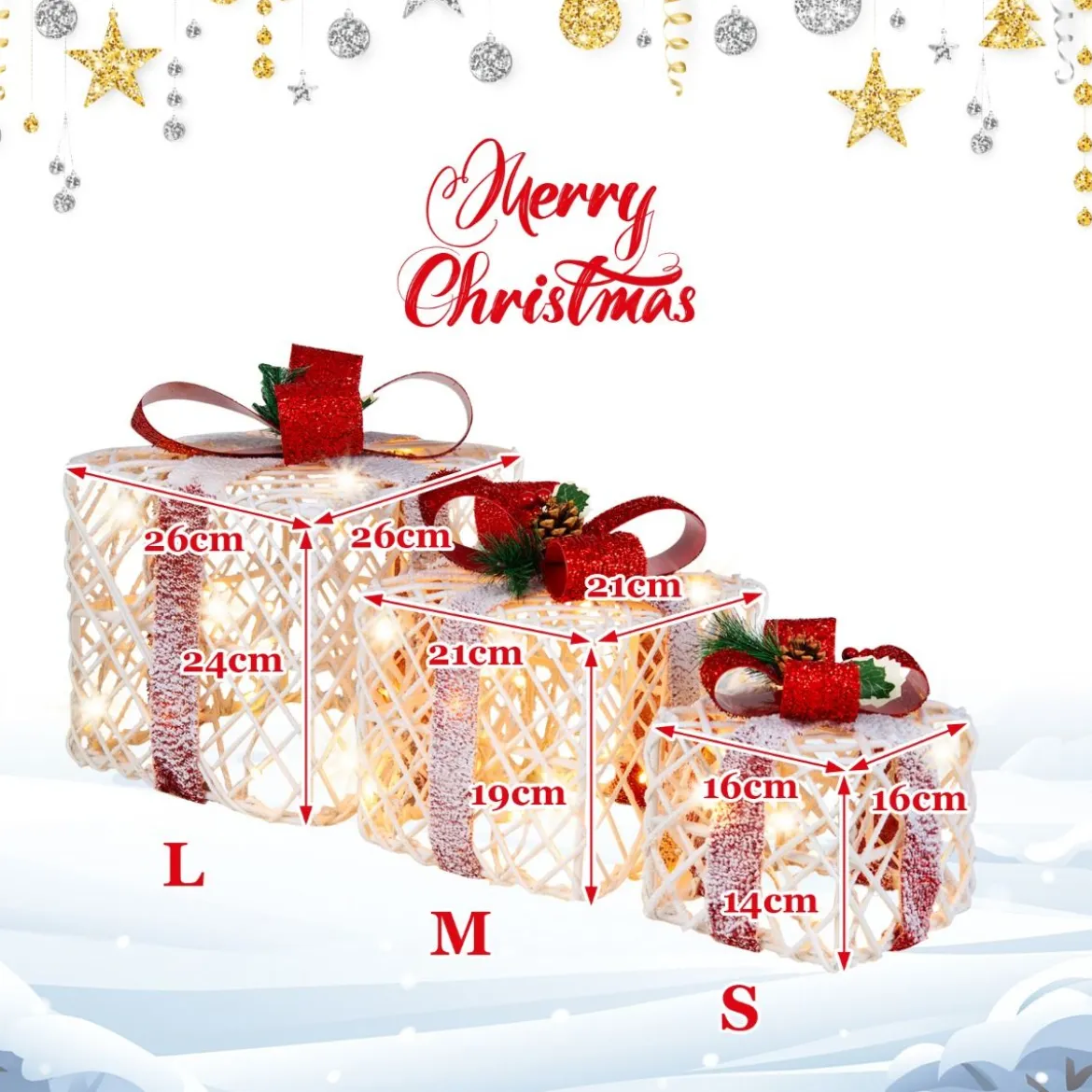 Weihnachtsgeschenkboxen 3er-Set Beleuchtete Geschenkboxen mit Schleifen LED-Lichtern 6H Timer