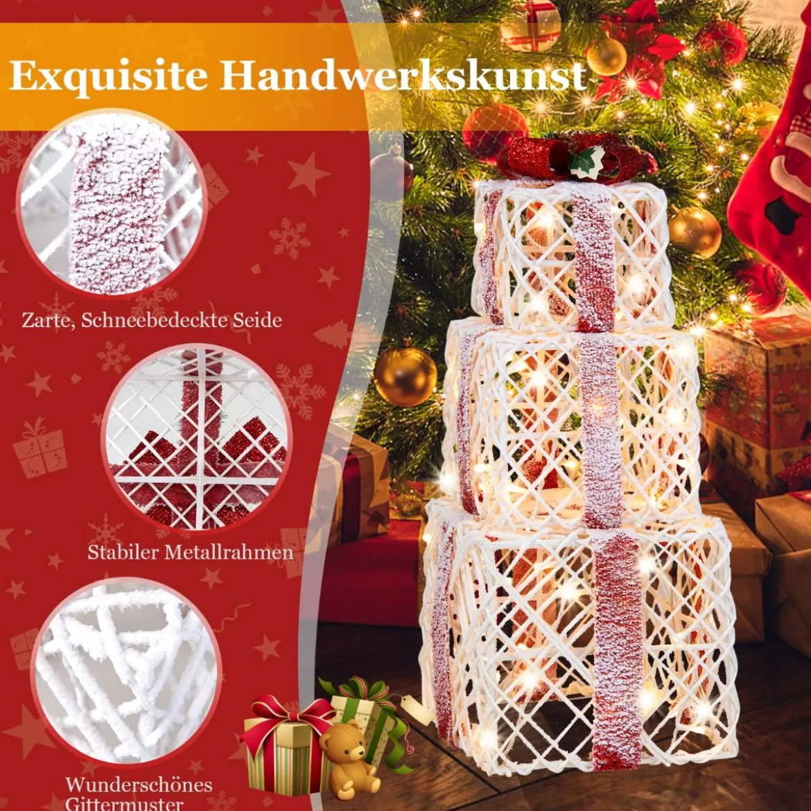 Weihnachtsgeschenkboxen 3er-Set Beleuchtete Geschenkboxen mit Schleifen LED-Lichtern 6H Timer