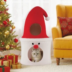Weihnachts-Kratzbaum mit Schlafplatz 75 cm moderner süßer Katzenturm mit gepolsterter oberer Liegefläche Rot