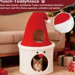 Weihnachts-Kratzbaum mit Schlafplatz 75 cm moderner süßer Katzenturm mit gepolsterter oberer Liegefläche Rot