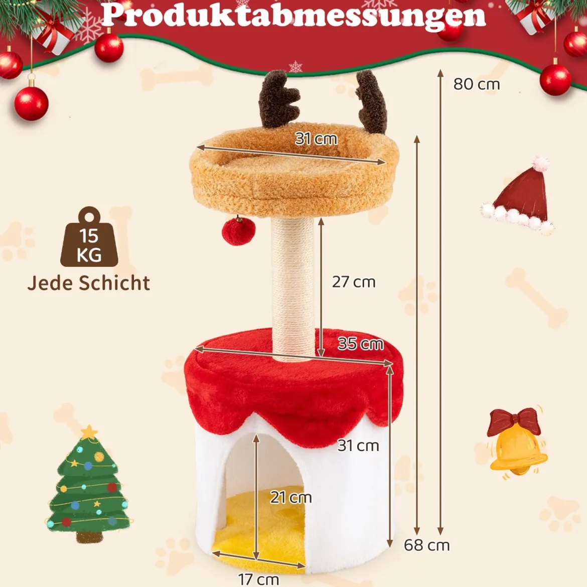 Weihnachts-Kratzbaum mit Schlafplatz 80 cm moderner Katzenbaum mit Sisal-Kratzpfosten
