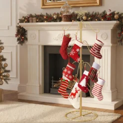 Weihnachtsstrumpfhalter Displaybaum mit 16 Haken & Sternspitze Ornament-Hängegestell Metallständer Golden