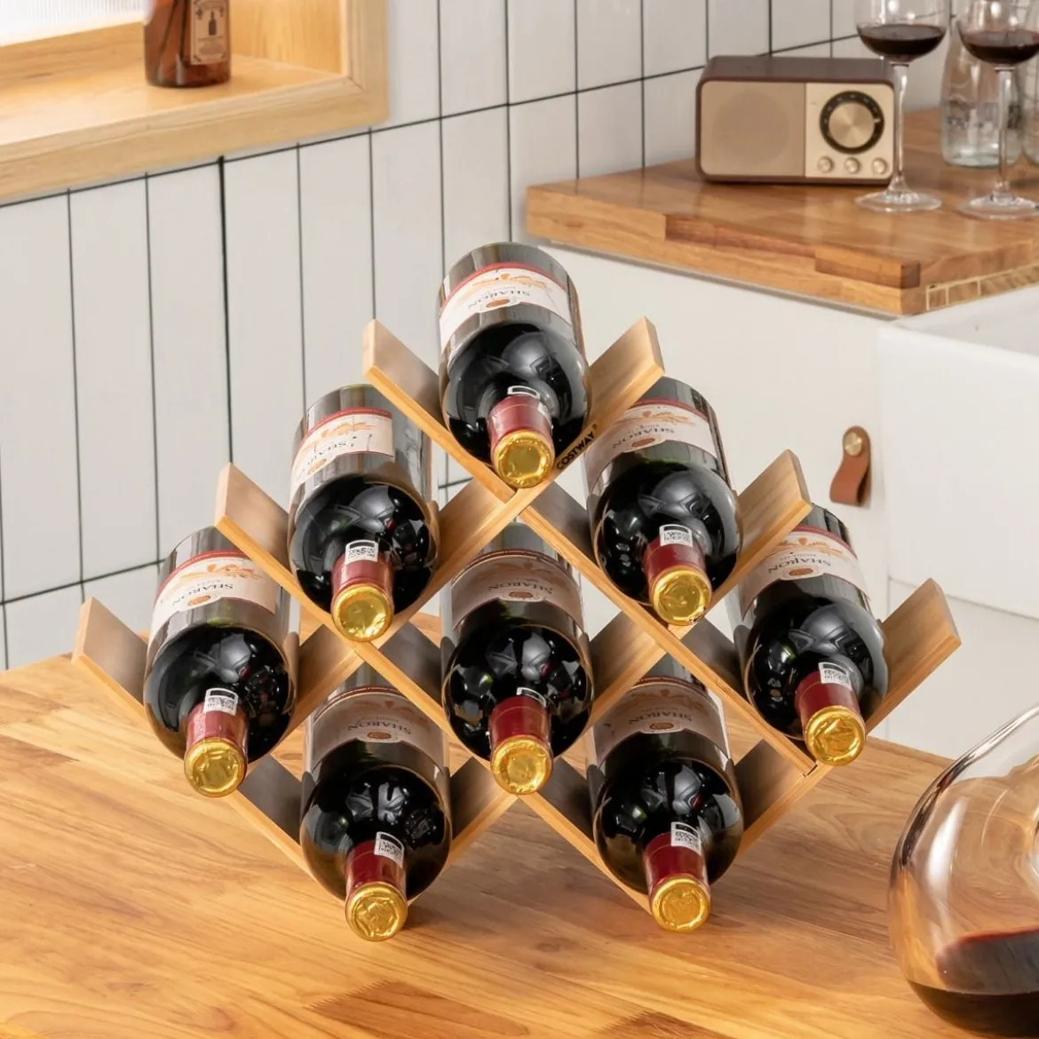 Weinregal Bambus-Weinregal für 8 Flaschen Gläserregal Flaschenregal für Küche Natürlich