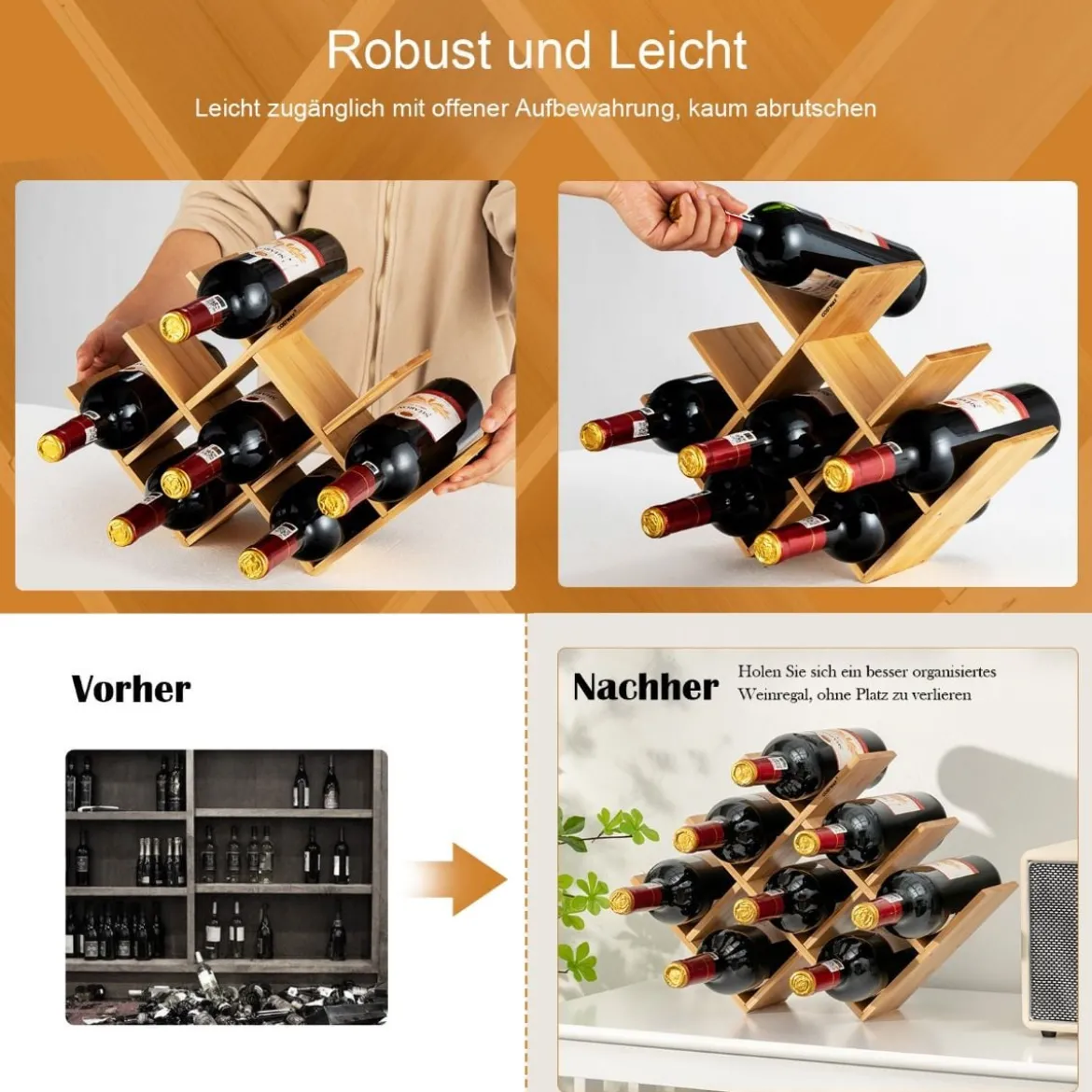 Weinregal Bambus-Weinregal für 8 Flaschen Gläserregal Flaschenregal für Küche Natürlich