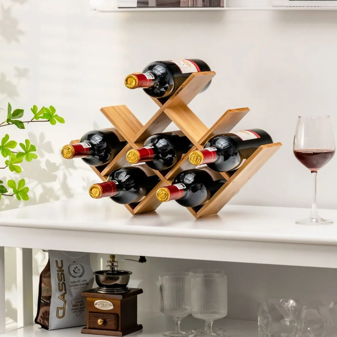 Weinregal Bambus-Weinregal für 8 Flaschen Gläserregal Flaschenregal für Küche Natürlich