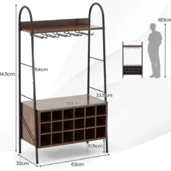 Weinregal Flaschenregal für 18 Flaschen Weinständer mit 5 Weinglashaltern 63 x 32 x 114,5 cm Rustikales Braun