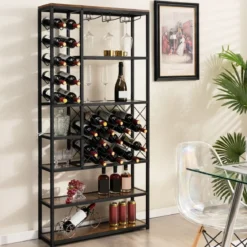 Weinregal für 27 Flaschen aus Metall mit Glashaltern Barschrank 81 x 23 x 166 cm Schwarz