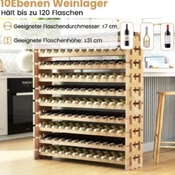 Weinregal Holz stapelbar Flaschenregal für 120 Flaschen Weinständer mit 10 Ebenen 120 x 29 x 128 cm