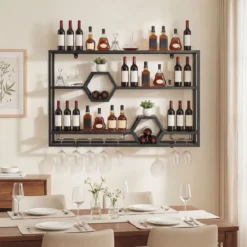 Weinregal Wandmontiertes Flaschenregal mit Glashalter & 3 Ebenen 120 x 20 x 77 cm Schwarz