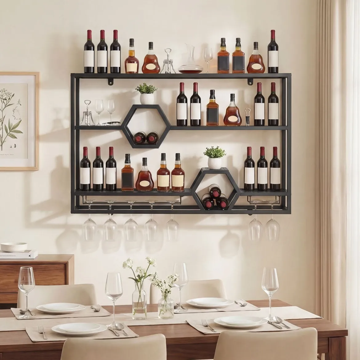Weinregal Wandmontiertes Flaschenregal mit Glashalter & 3 Ebenen 120 x 20 x 77 cm Schwarz