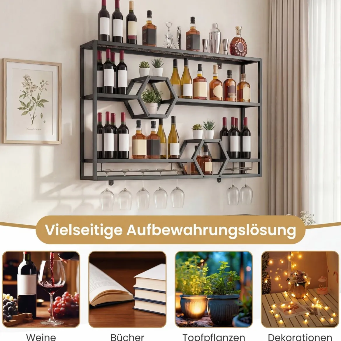 Weinregal Wandmontiertes Flaschenregal mit Glashalter & 3 Ebenen 120 x 20 x 77 cm Schwarz