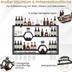 Weinregal Wandmontiertes Flaschenregal mit Glashalter & 3 Ebenen 120 x 20 x 77 cm Schwarz