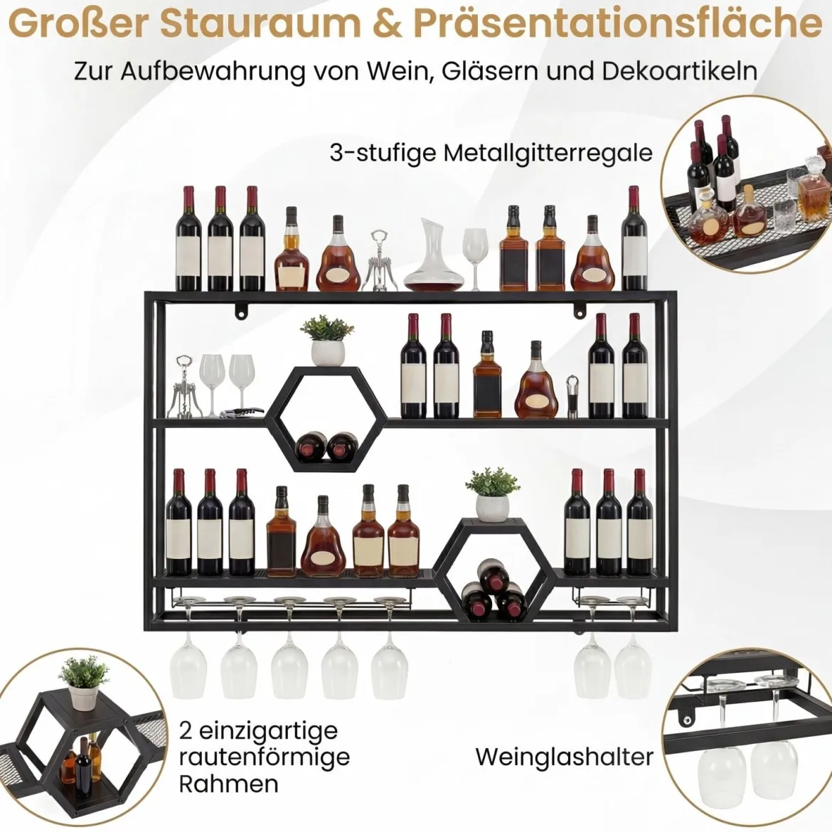 Weinregal Wandmontiertes Flaschenregal mit Glashalter & 3 Ebenen 120 x 20 x 77 cm Schwarz