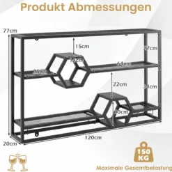 Weinregal Wandmontiertes Flaschenregal mit Glashalter & 3 Ebenen 120 x 20 x 77 cm Schwarz