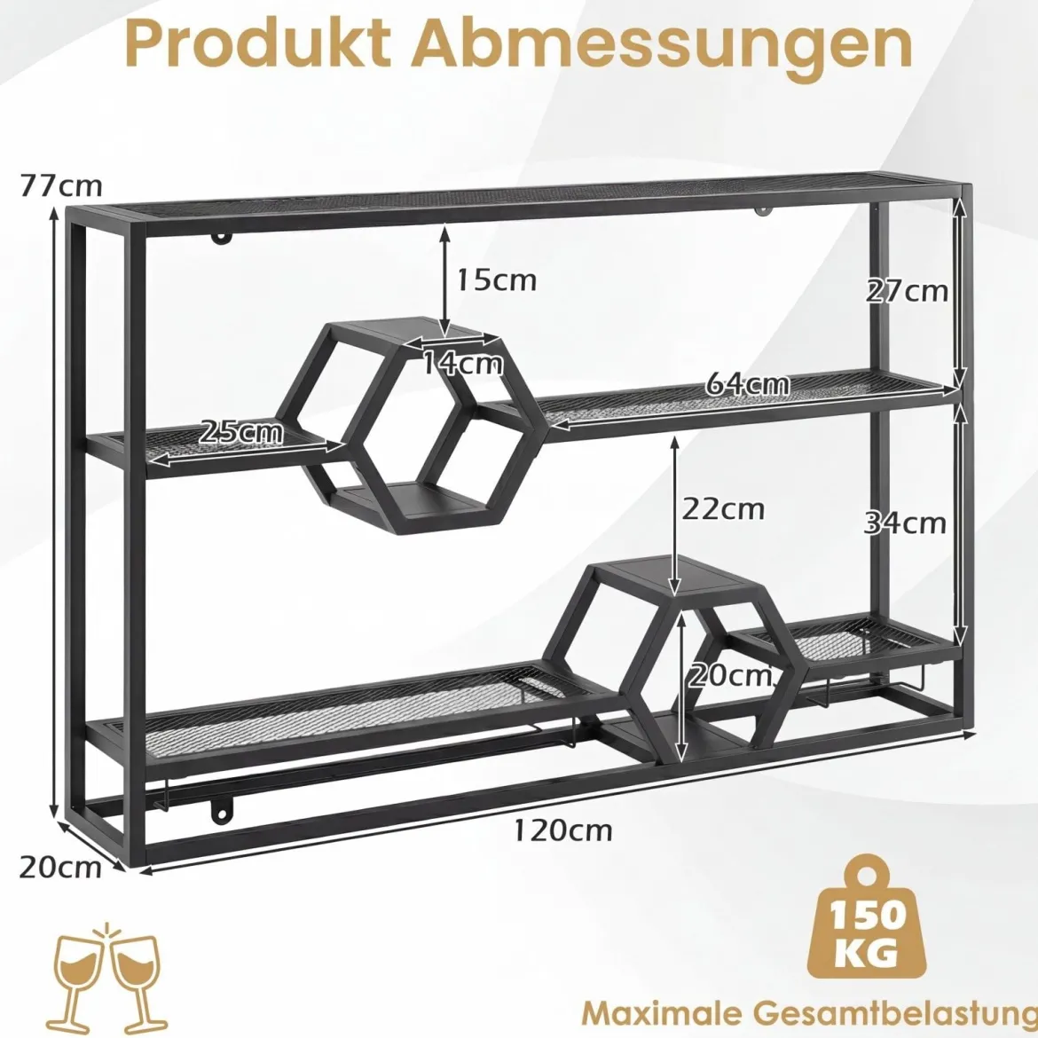 Weinregal Wandmontiertes Flaschenregal mit Glashalter & 3 Ebenen 120 x 20 x 77 cm Schwarz