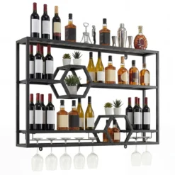 Weinregal Wandmontiertes Flaschenregal mit Glashalter & 3 Ebenen 120 x 20 x 77 cm Schwarz