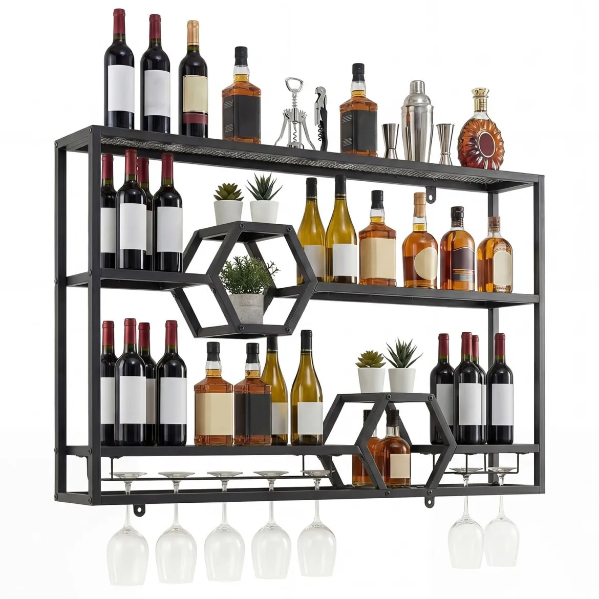 Weinregal Wandmontiertes Flaschenregal mit Glashalter & 3 Ebenen 120 x 20 x 77 cm Schwarz
