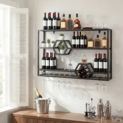 Weinregal Wandmontiertes Flaschenregal mit Glashalter & 3 Ebenen 120 x 20 x 77 cm Schwarz