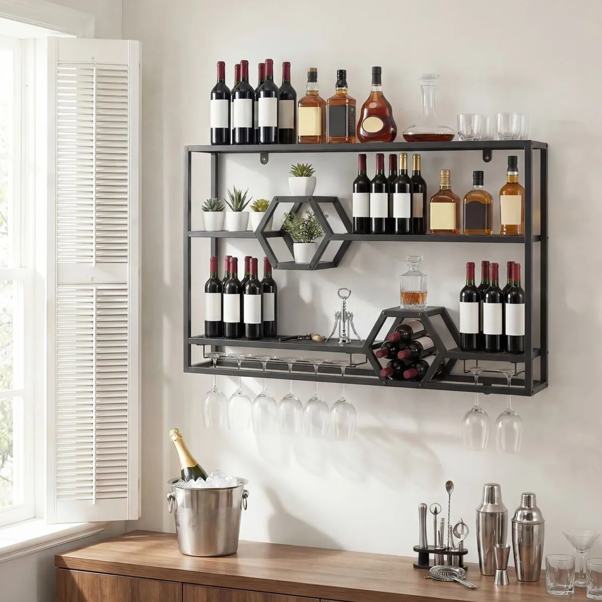 Weinregal Wandmontiertes Flaschenregal mit Glashalter & 3 Ebenen 120 x 20 x 77 cm Schwarz