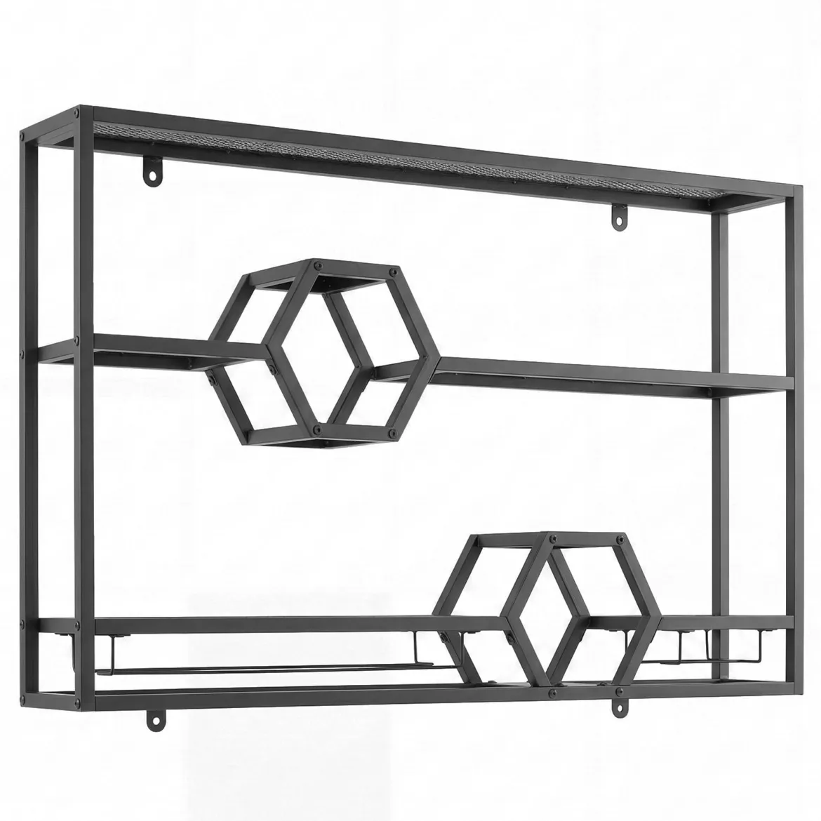 Weinregal Wandmontiertes Flaschenregal mit Glashalter & 3 Ebenen 120 x 20 x 77 cm Schwarz