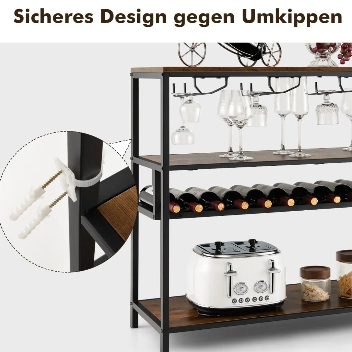 Weinschrank für 13 Weinflaschen mit 4 Reihen Glashalter Industrieller Barschrank mit Weinregal