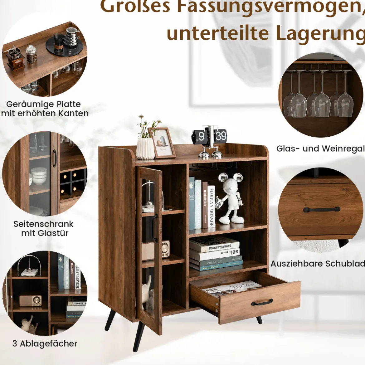Weinschrank für Zuhause Spirituosenschrank mit Tür & Schublade 80 x 40 x 95 cm Natur