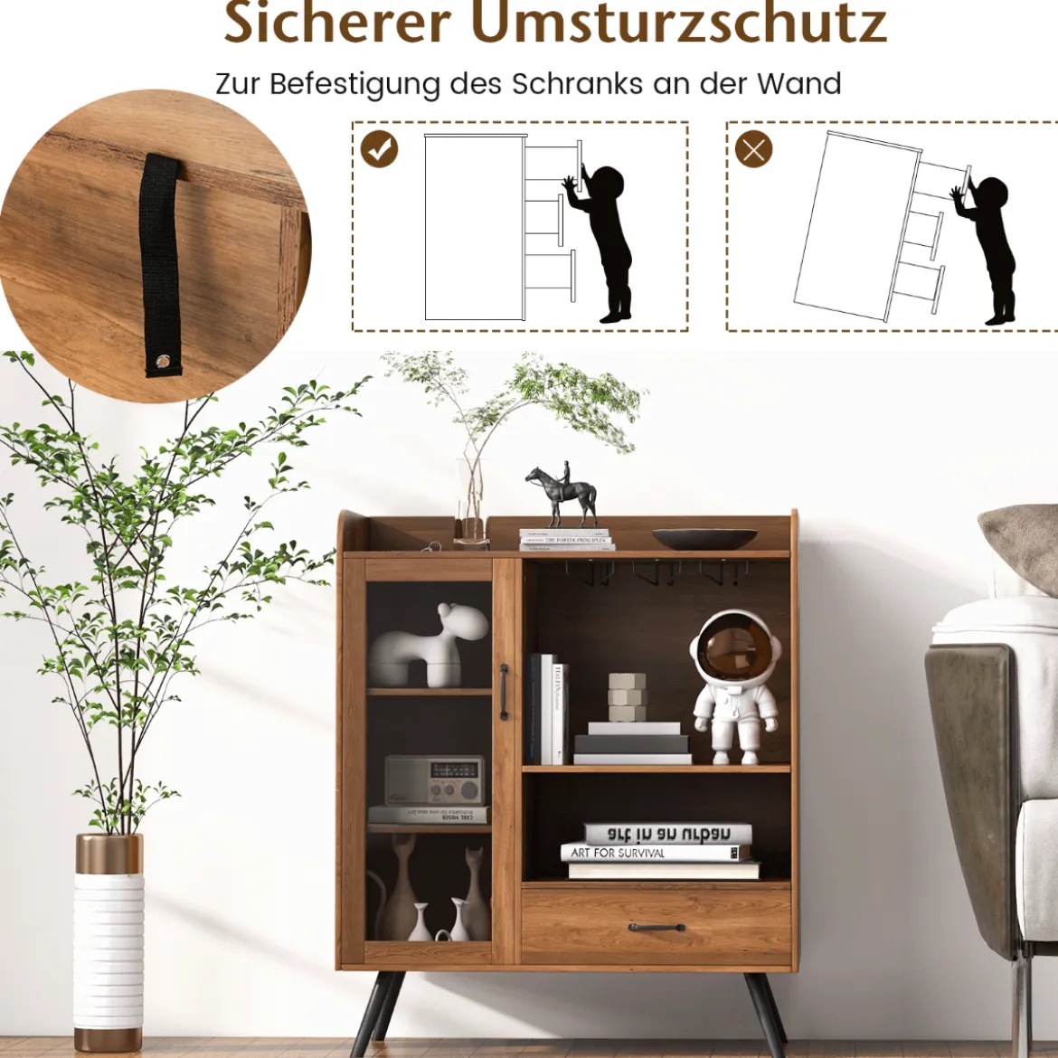 Weinschrank für Zuhause Spirituosenschrank mit Tür & Schublade 80 x 40 x 95 cm Natur