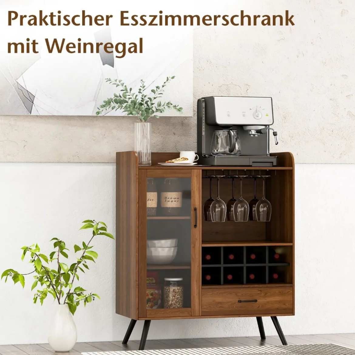 Weinschrank für Zuhause Spirituosenschrank mit Tür & Schublade 80 x 40 x 95 cm Natur