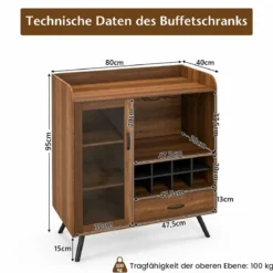 Weinschrank für Zuhause Spirituosenschrank mit Tür & Schublade 80 x 40 x 95 cm Natur