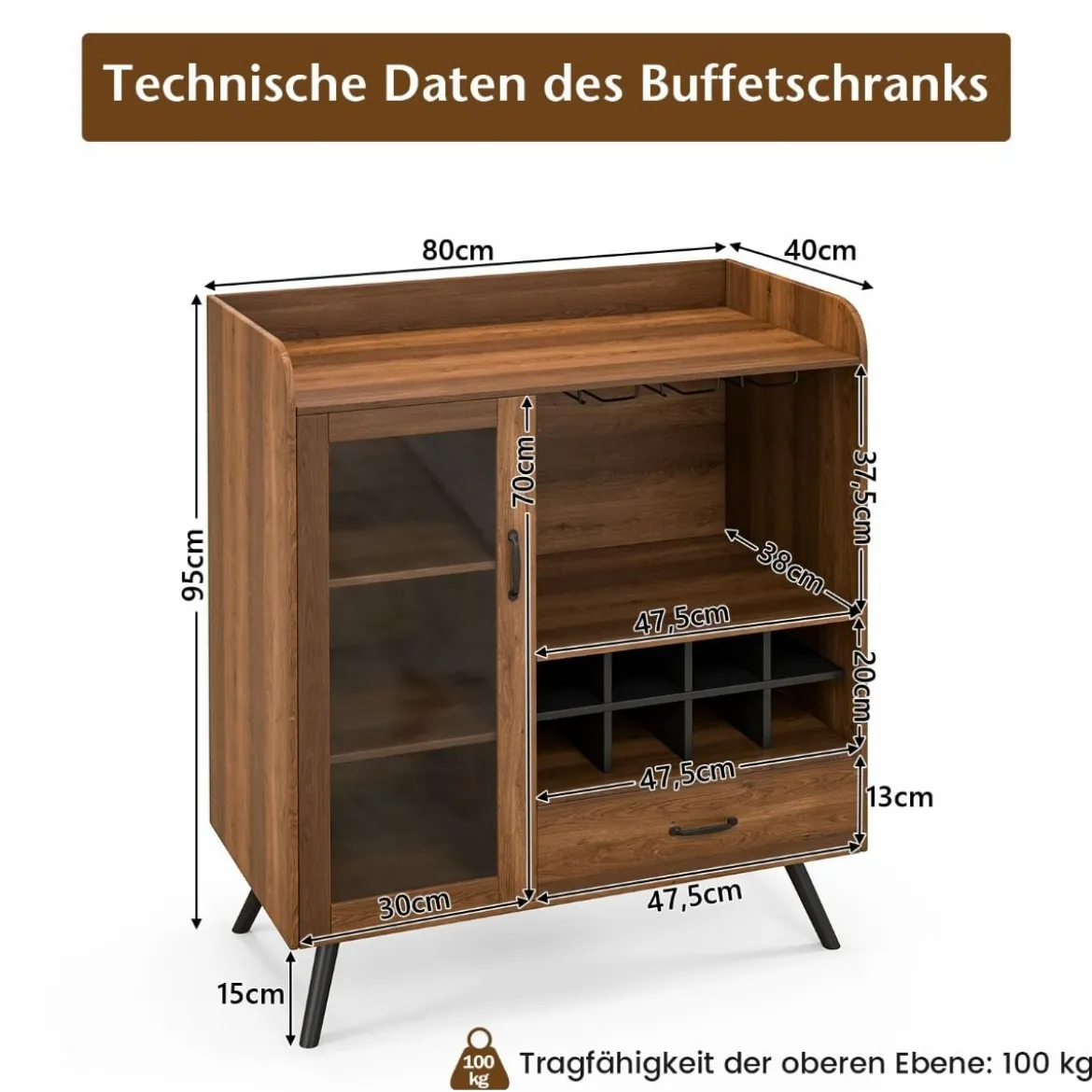 Weinschrank für Zuhause Spirituosenschrank mit Tür & Schublade 80 x 40 x 95 cm Natur