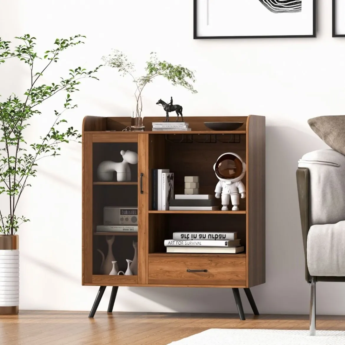 Weinschrank für Zuhause Spirituosenschrank mit Tür & Schublade 80 x 40 x 95 cm Natur