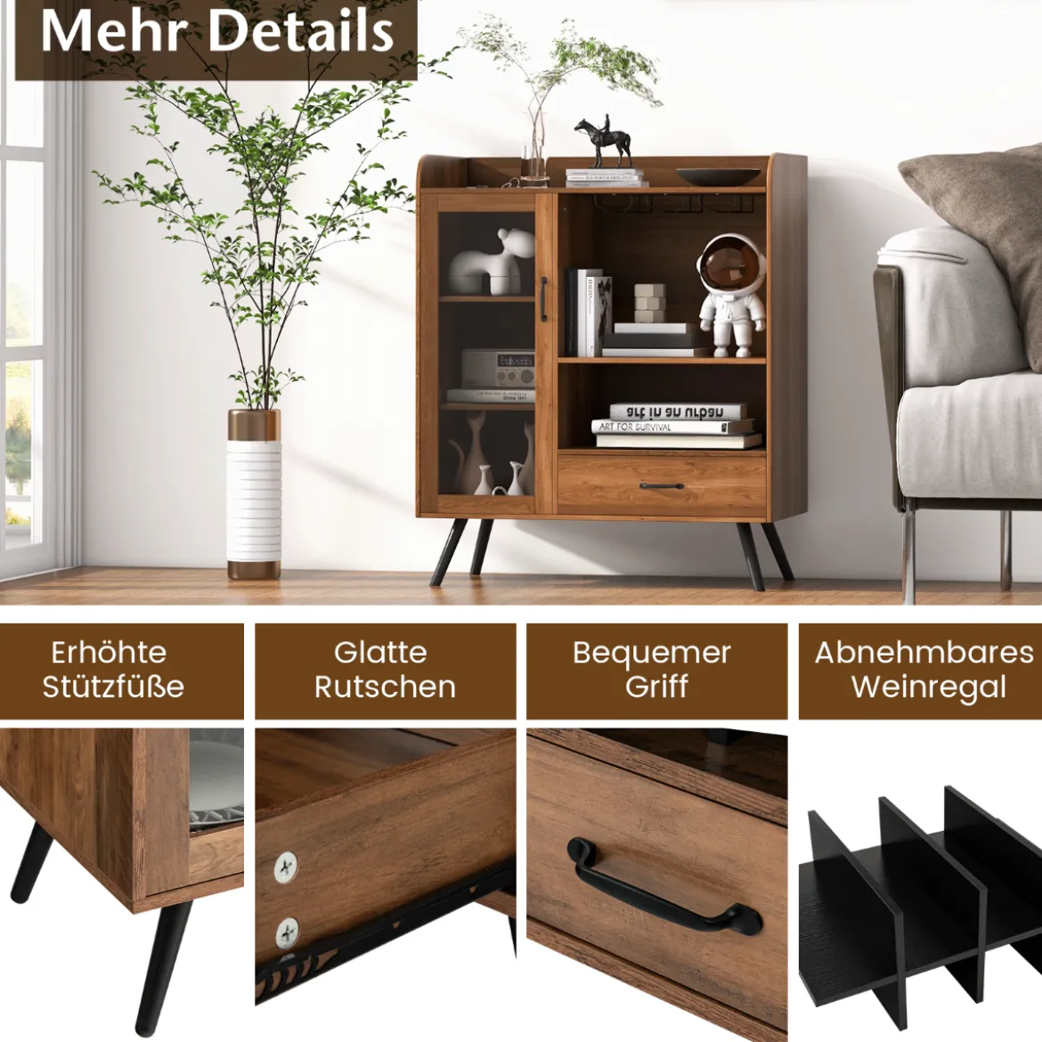 Weinschrank für Zuhause Spirituosenschrank mit Tür & Schublade 80 x 40 x 95 cm Natur