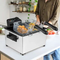 2000W Elektrische Öl-Fritteuse mit 3 Frittierkörben & Einstellbare Temperatur & Sichtfensterdeckel