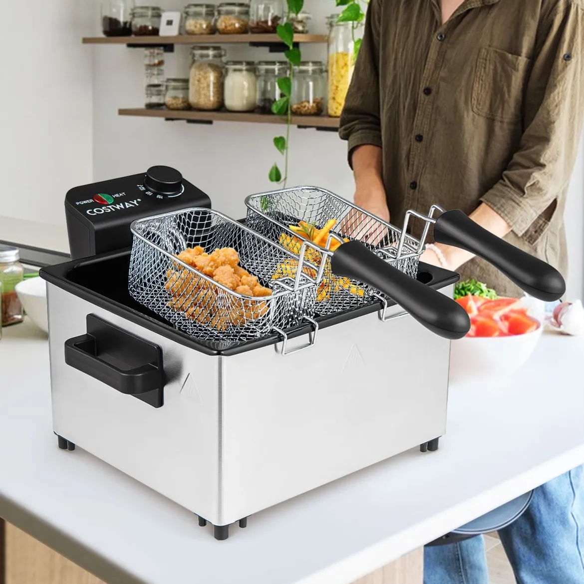 2000W Elektrische Öl-Fritteuse mit 3 Frittierkörben & Einstellbare Temperatur & Sichtfensterdeckel