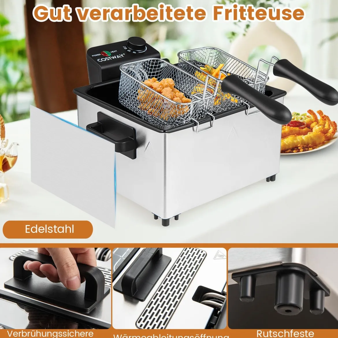 2000W Elektrische Öl-Fritteuse mit 3 Frittierkörben & Einstellbare Temperatur & Sichtfensterdeckel