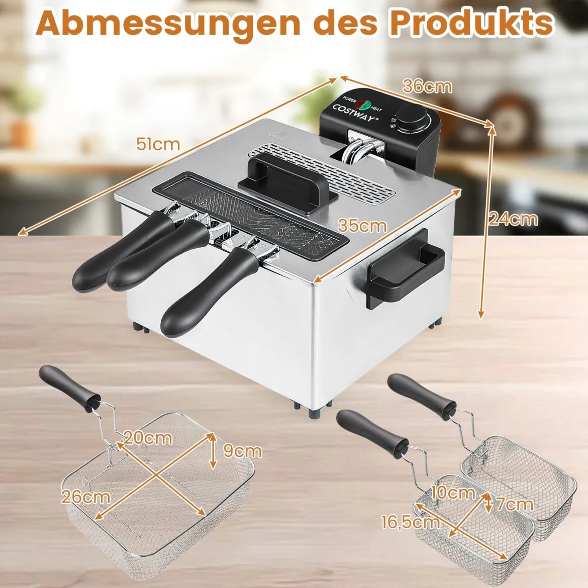 2000W Elektrische Öl-Fritteuse mit 3 Frittierkörben & Einstellbare Temperatur & Sichtfensterdeckel